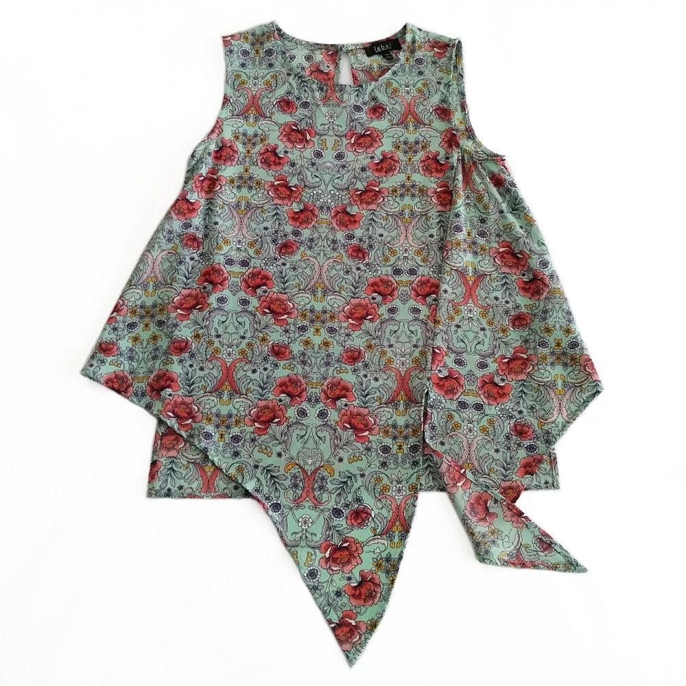 LABEL RACHEL RACHEL ROY FLORAL BLOUSE SIZE M HI-LO TIE FRONT SLEEVELESS
